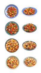 Different cooked stews isolated on white, set. Top and side view