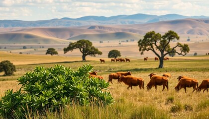 Obraz premium Serene Pastoral Landscape with Lush Vegetation and Grazing Cattle in a Rolling Hill Country Setting