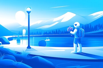 Obraz premium A person gives flowers in a blue toned lakeside landscape