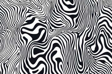 An abstract black and white wavy pattern resembling topographic lines, perfect for modern decor or textiles
