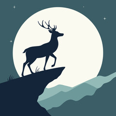 A sleek vector silhouette of a deer standing on a cliff, with a large full moon behind it vector design.