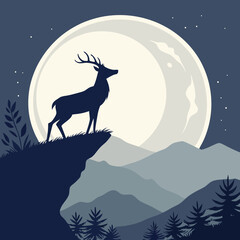 A sleek vector silhouette of a deer standing on a cliff, with a large full moon behind it vector design.
