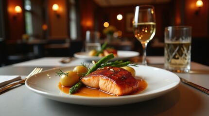 Enjoying maple glazed salmon with fresh vegetables in a cozy Canadian restaurant setting