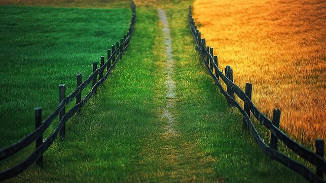 Two fields separated by fence. One field green, thriving. Field parched, dull golden. Pathway runs through middle of fields. Vivid contrast illustrates grass always greener on side concept. Peaceful