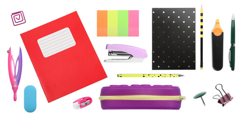 Set of bright school stationery on white background