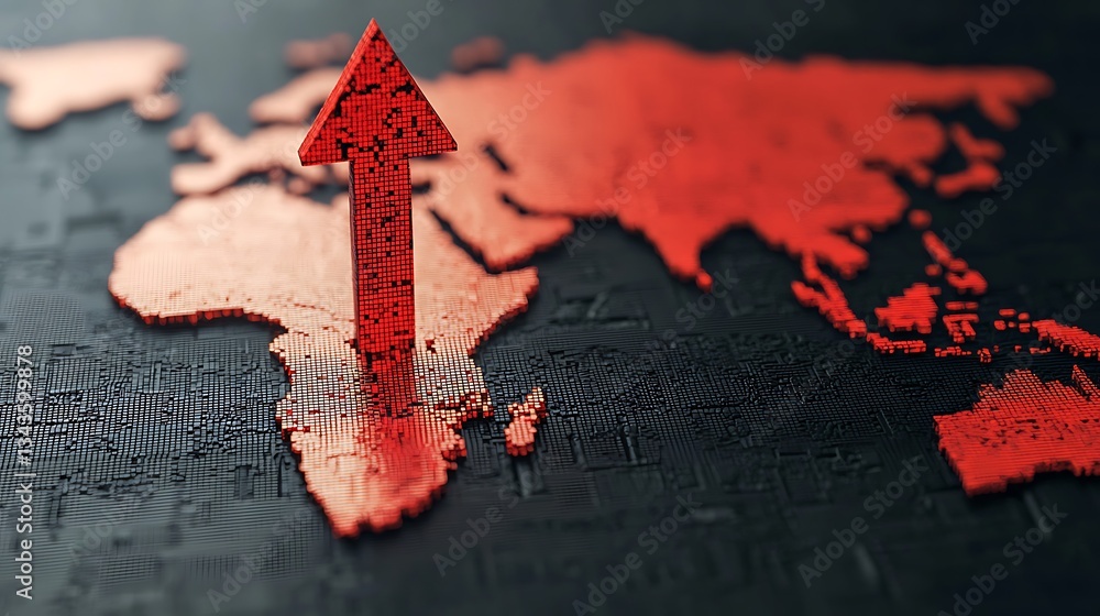 Poster a 3d representation of a world map with a prominent red arrow pointing upwards, symbolizing growth o