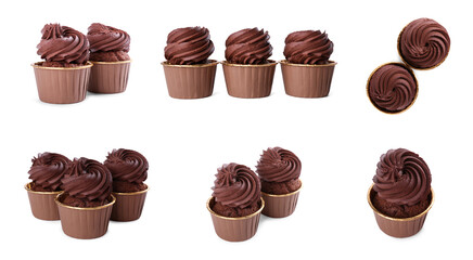 Tasty chocolate cupcakes isolated on white, set