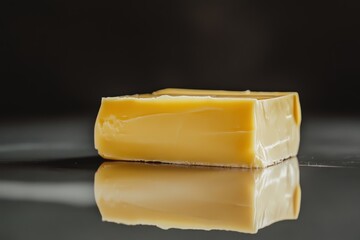 A single block of dairy product sits on a reflective surface
