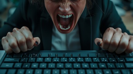 A frustrated person screams while gripping a keyboard, conveying intense emotion and stress in a work environment.