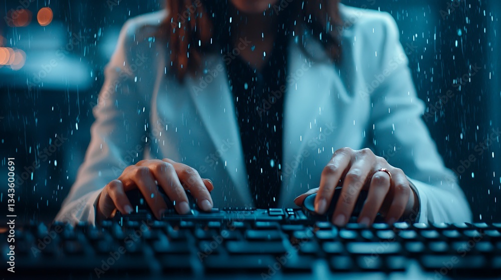 Poster a person in a suit types on a keyboard while rain falls around them, creating a moody, introspective