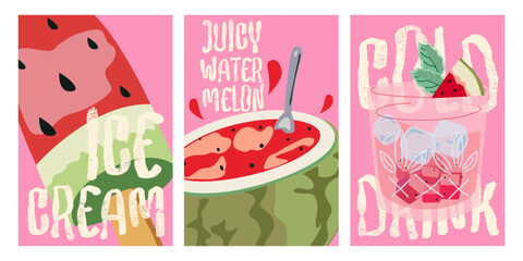 Watermelon summer poster set. Collection of hand drawn summer illustrations. Ice cream, cold drink, watermelon. Trendy design for wall decor, postcard, cover, packaging