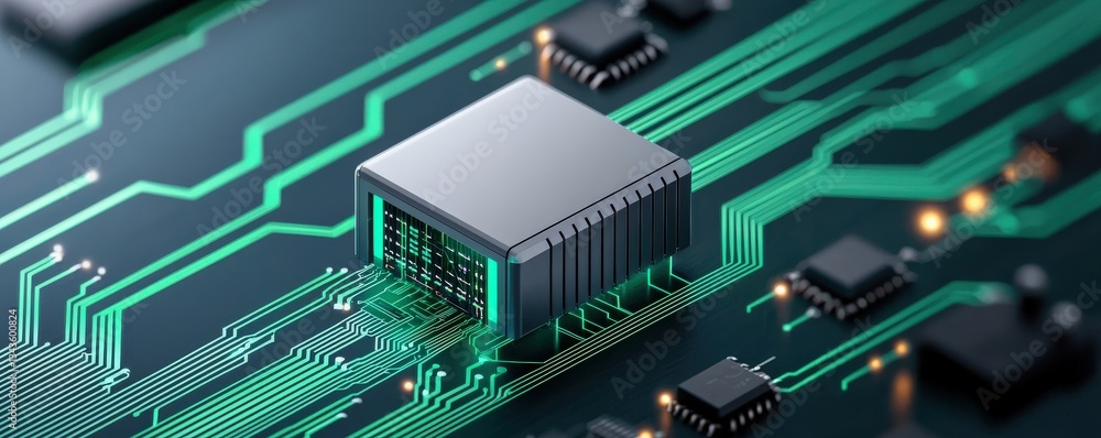 Poster smart grid renewable cyber security concept. close-up of a circuit board with intricate electronic c