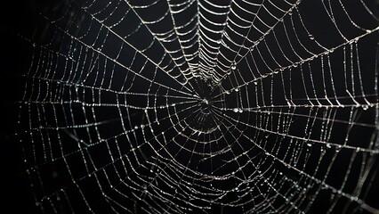 Intricate Spiderweb with Dew Drops Against a Dark Background Display