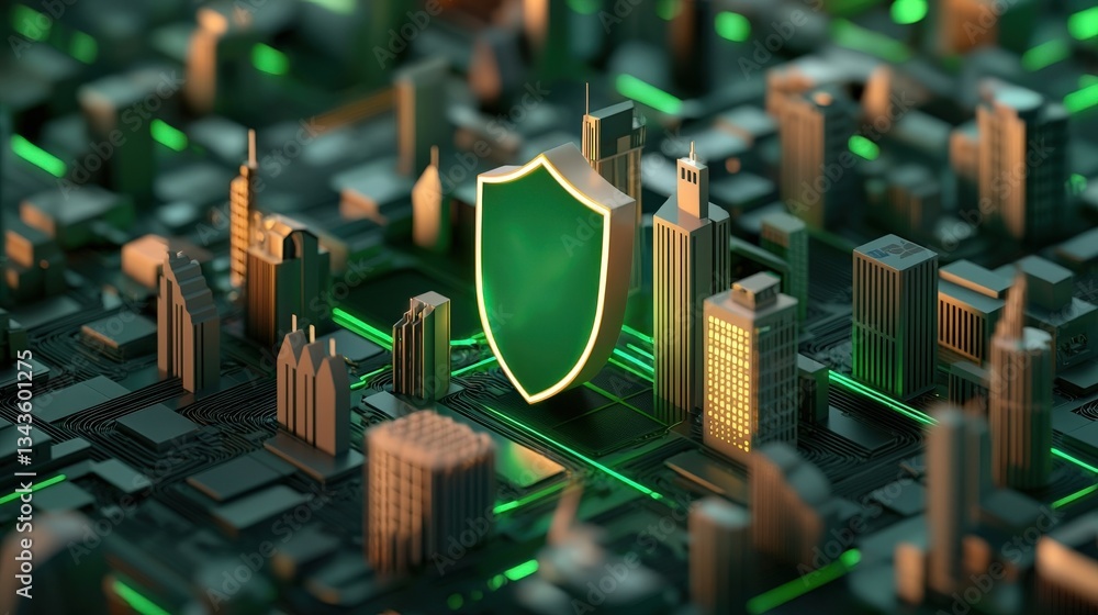 Poster smart grid renewable cyber security concept. digital cityscape with a shield symbolizing cybersecuri