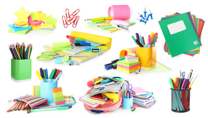 Backpack and bright school stationery on white background, set