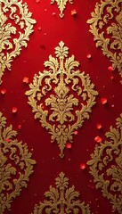 Damask pattern on red wallpaper with gold accents and floral motifs, intricate design, , interior design
