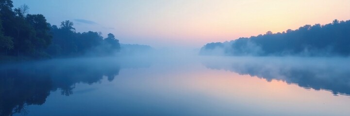 Fototapeta premium Soft blue mist rises from a serene lake at dawn, mist, water
