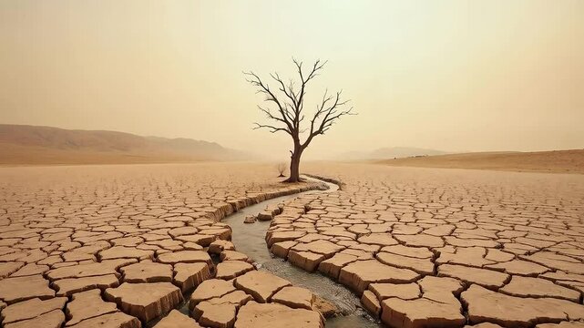 &Aacute;rbol solitario en un paisaje &aacute;rido con suelo agrietado y un peque&ntilde;o arroyo