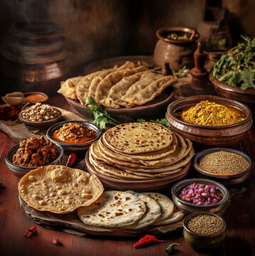 traditional Indian bread from the Deccan region, featuring an array of iconic loaves jowar roti, bhakri,pathiri, accompanied by flavorful condiments side dishes. The background is adorned with rich