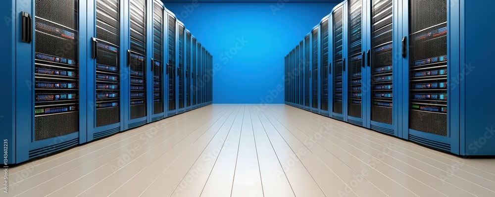 Poster smart grid renewable cyber security concept. data center with server racks and blue walls.