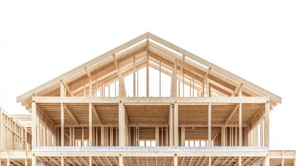 unfinished frame of apartment condo with wooden roof beams under construction. development of residential housing in us suburbs. real estate market in the usa isolated on white background, text area