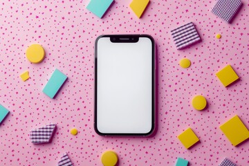 Modern smartphone with blank screen surrounded by colorful shapes