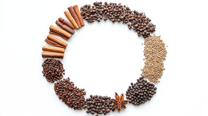 Obraz premium Spices frame, round frame of traditional whole spices in white background