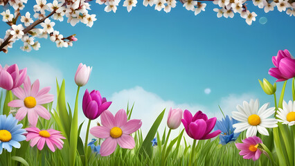 Fototapeta premium Colorful spring flowers blooming under a blue sky with blooming cherry tree branches