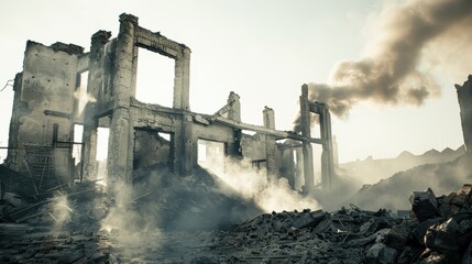 Dramatic destruction: smoking ruins and rising dust against clear sky.