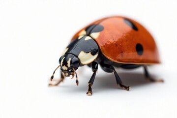 Close-up of a single ladybug on white background, vibrant, spots