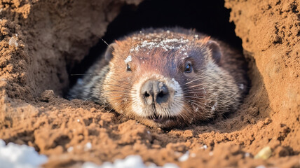 cute fluffy groundhog wakes up in his burrow day, the onset of spring, the change of seasons, prediction in February