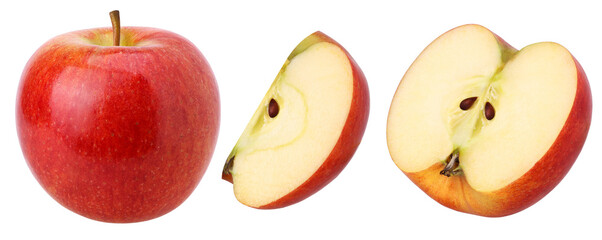 red apple (Envy Apple), half and slice isolated, fresh red apple, transparent PNG, PNG format, set