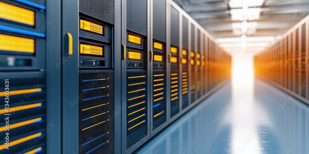 Aufkleber smart grid renewable cyber security concept. high-tech server room with illuminated racks and a brig