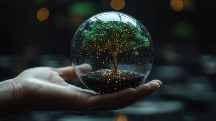 Fototapeta premium A hand holding a glowing miniature tree within a glass orb