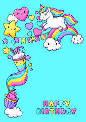 Background with unicorn. Happy birthday party invitation.