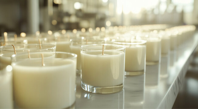 A long table filled with rows of unmelted white wax TALL candles in sleek transparent clear glass containers, arranged neatly in a white marble modern candle-making studio.