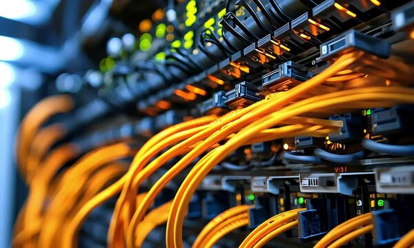 A Close-Up View of Organized Network Cables and Connections in a Server Room Highlighting Technology and Communication Infrastructure