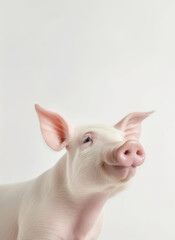 Close-up portrait of a white pig with a prominent snout and alert ears against a light background.