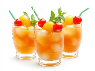 Fototapeta premium Refreshing Summer Cocktails: Iced Drinks with Cherry & Mint Garnish for a Festive Celebration on White Background