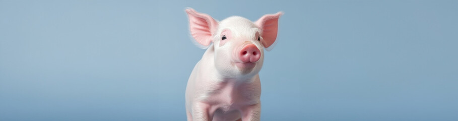 Close-up portrait of a cute pink piglet against a soft blue background.