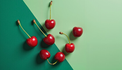 Group of cherries arranged creatively on dual-tone green backdrop suitable for websites, blogs, presentations, educational materials, stationery, health awareness