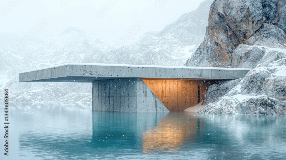 Poster concrete structure bridge built into mountainous landscape under snowfall conditions
