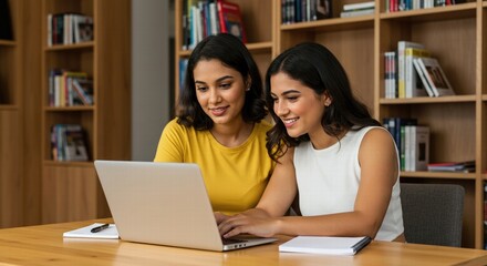 Obraz premium Two female office friends laughing at workplace, having fun, talking at laptop, discussing funny creative ideas, brainstorming, chatting, enjoying business friendship