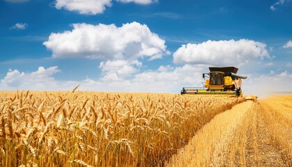Obraz premium Golden wheat field with a combine harvester working under a blue sky, symbolizing agriculture and harvest