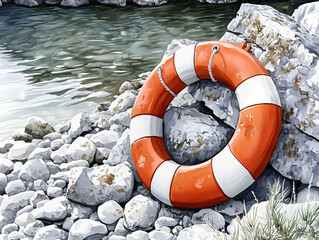 Naklejka premium Floating lifebuoy on the sea, image for vacation and sailing graphics.
