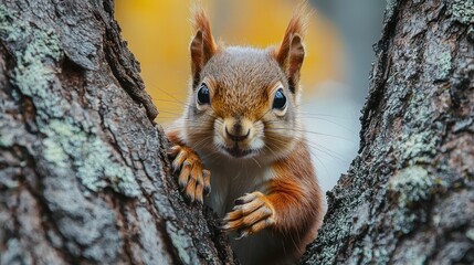 Obraz premium A curious squirrel peers out from behind a tree trunk