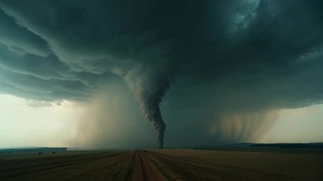 Tornado masivo en carretera rural bajo cielo tormentoso