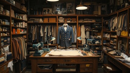 A well organized tailor shop features garments and a mannequin