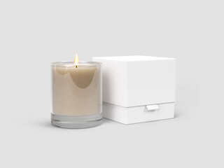 Lit Scented Candle in Glass Jar with Blank White Box on Gray Background