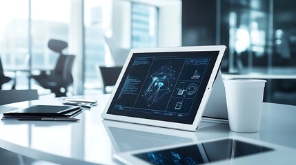 Modern tablet displaying data visualization in a contemporary office setting.  A white tablet rests on a white table, showcasing complex data, charts, and graphs in a sophisticated design